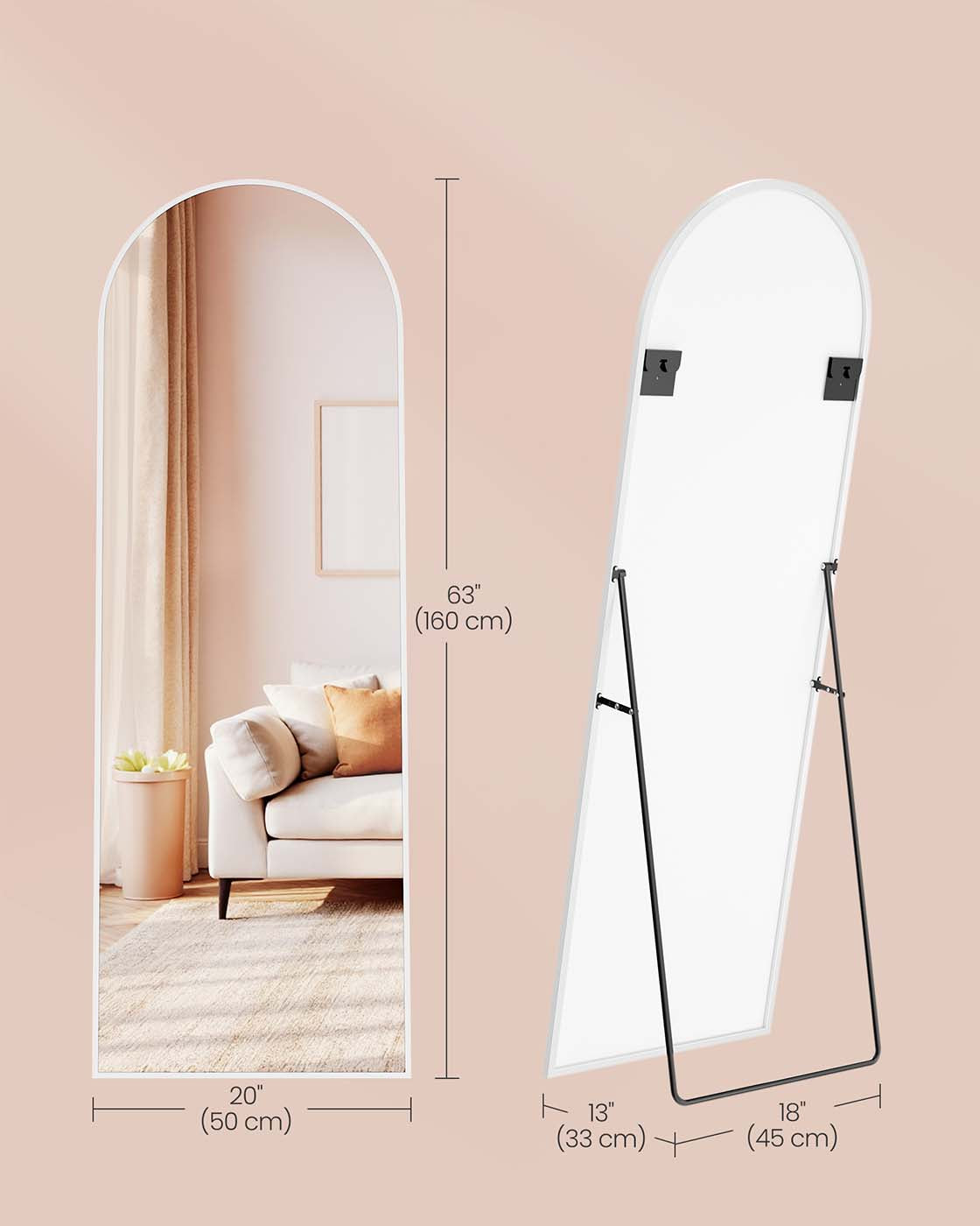 Full Length Mirror - Aluminium Alloy - Matte White - Arched Design with Stand