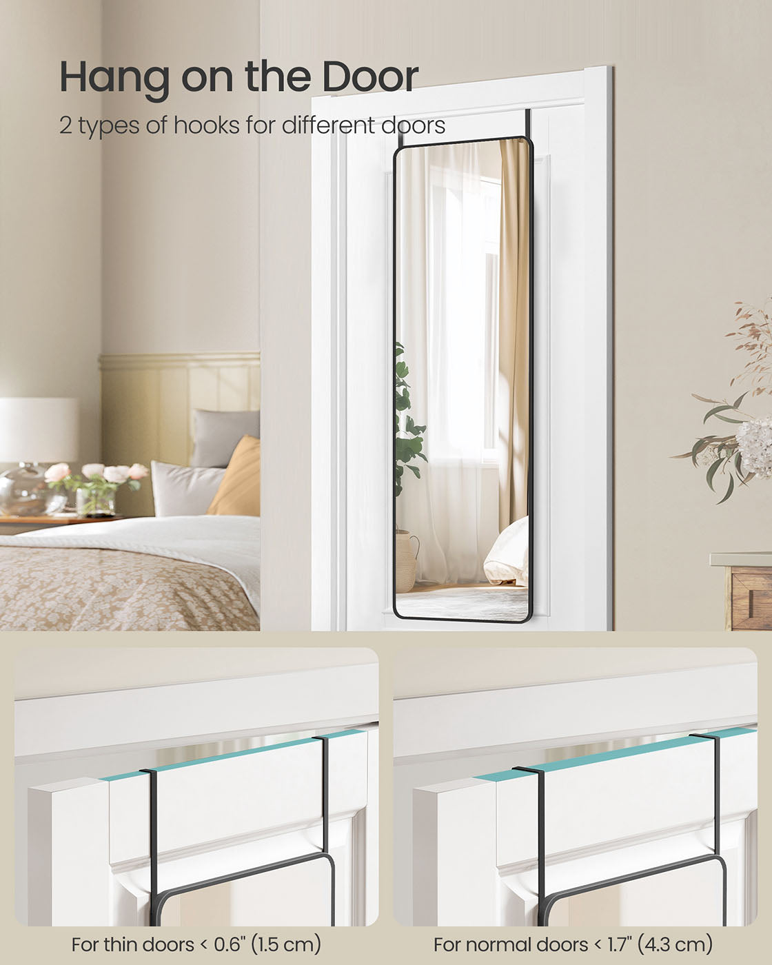Full Length Mirror - Tempered Glass - Ink Black - Over the Door or Wall Mounted