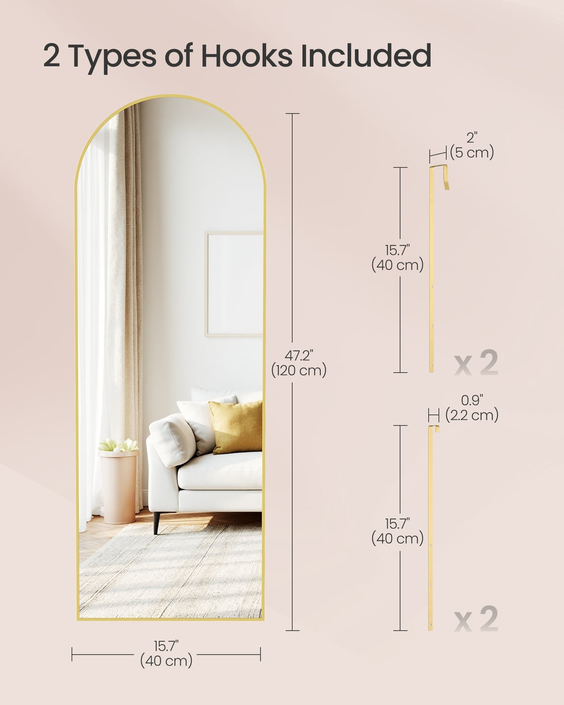 Arched Full Body Mirror - Tempered Glass - Ink Black - Wall Mounted or Over the Door