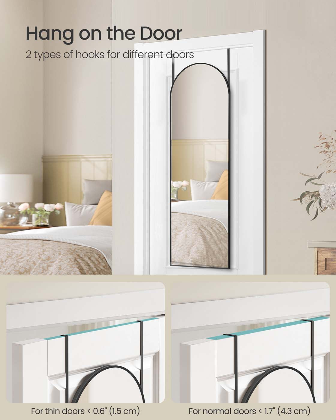 Arched Full Length Mirror - Tempered Glass - Ink Black - Over the Door or Wall Mounted