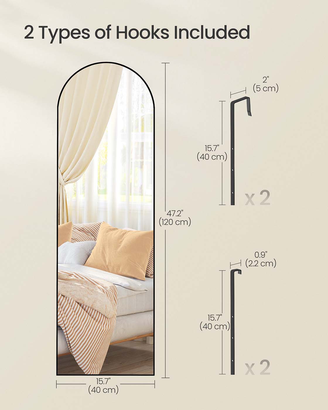 Arched Full Length Mirror - Tempered Glass - Ink Black - Over the Door or Wall Mounted
