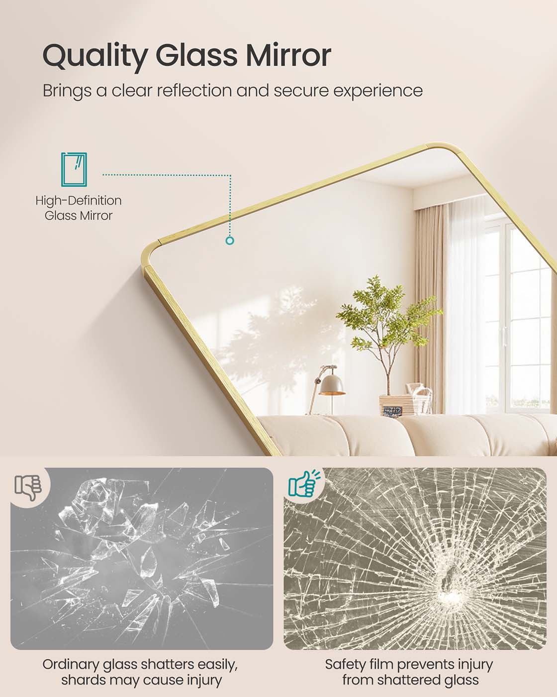 Full Length Mirror - Aluminium Alloy - Pale Gold - Rectangular with Stand