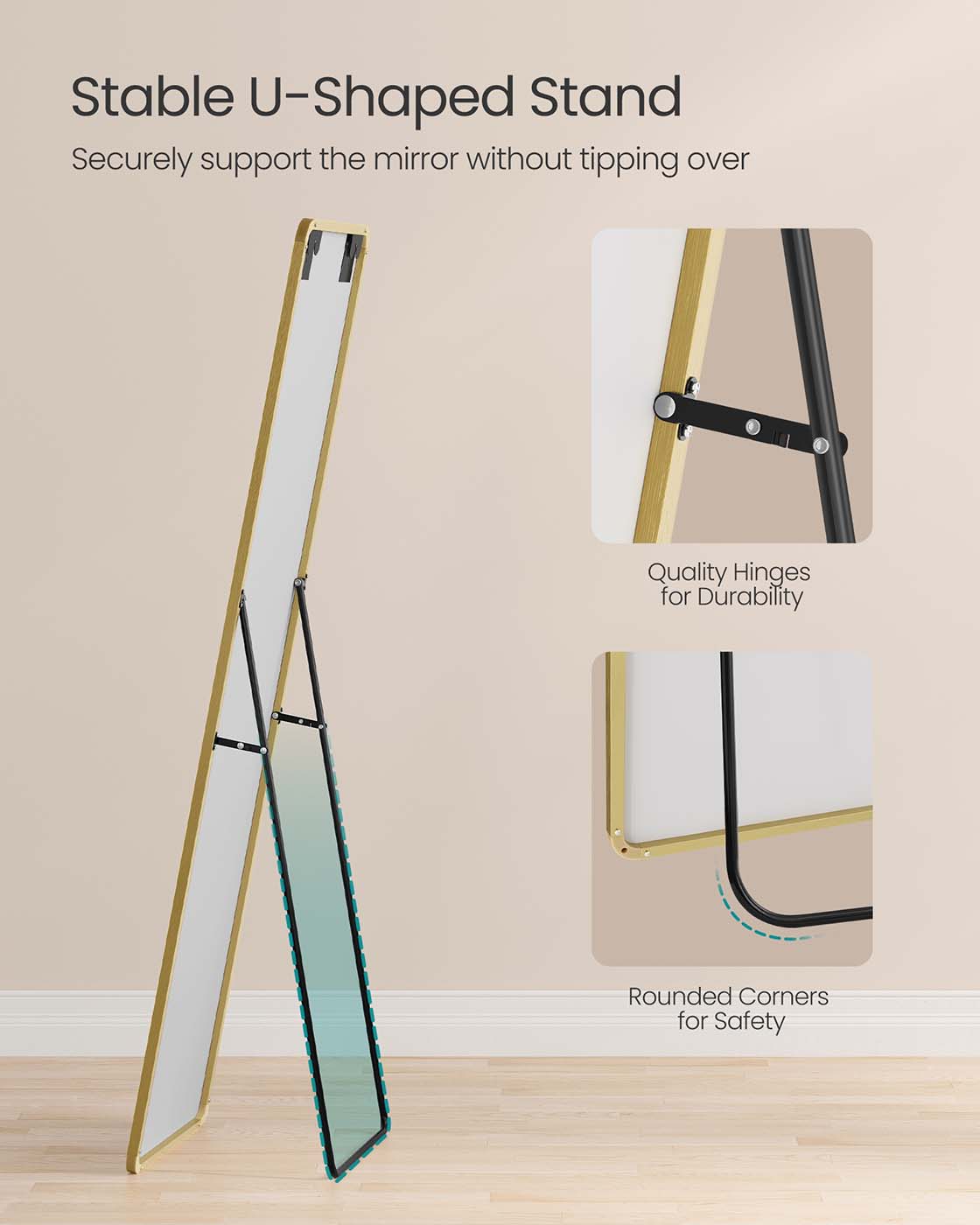 Full Length Mirror - Aluminium Alloy - Pale Gold - Rectangular with Stand