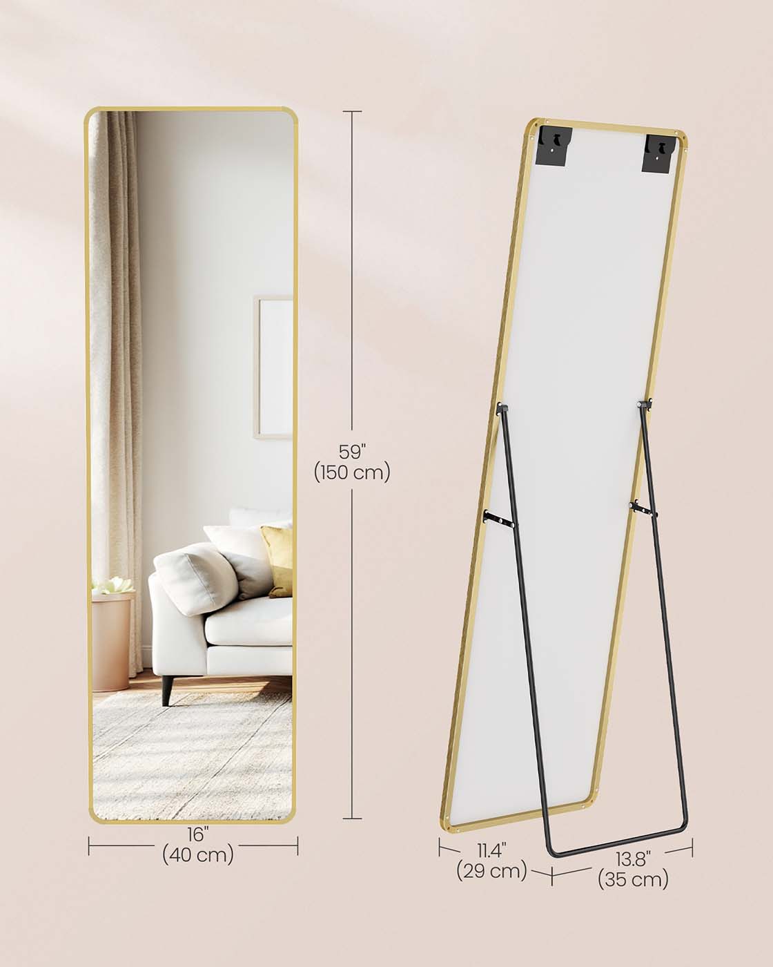 Full Length Mirror - Aluminium Alloy - Pale Gold - Rectangular with Stand