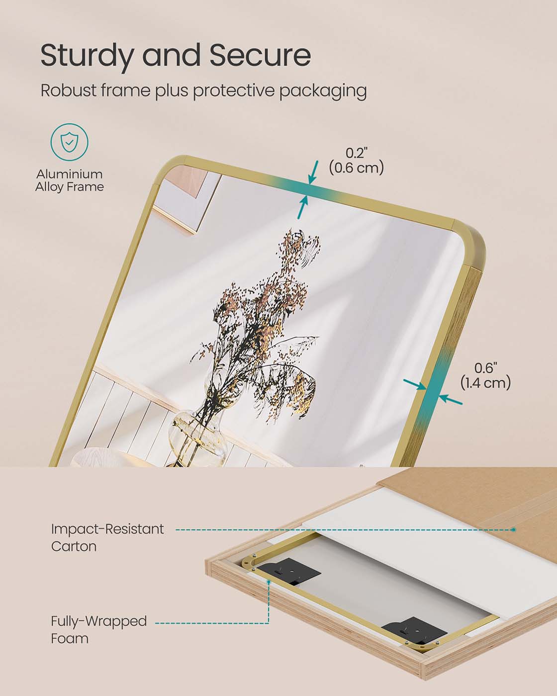 Full Length Mirror - Aluminium Alloy - Pale Gold - Rectangular with Stand