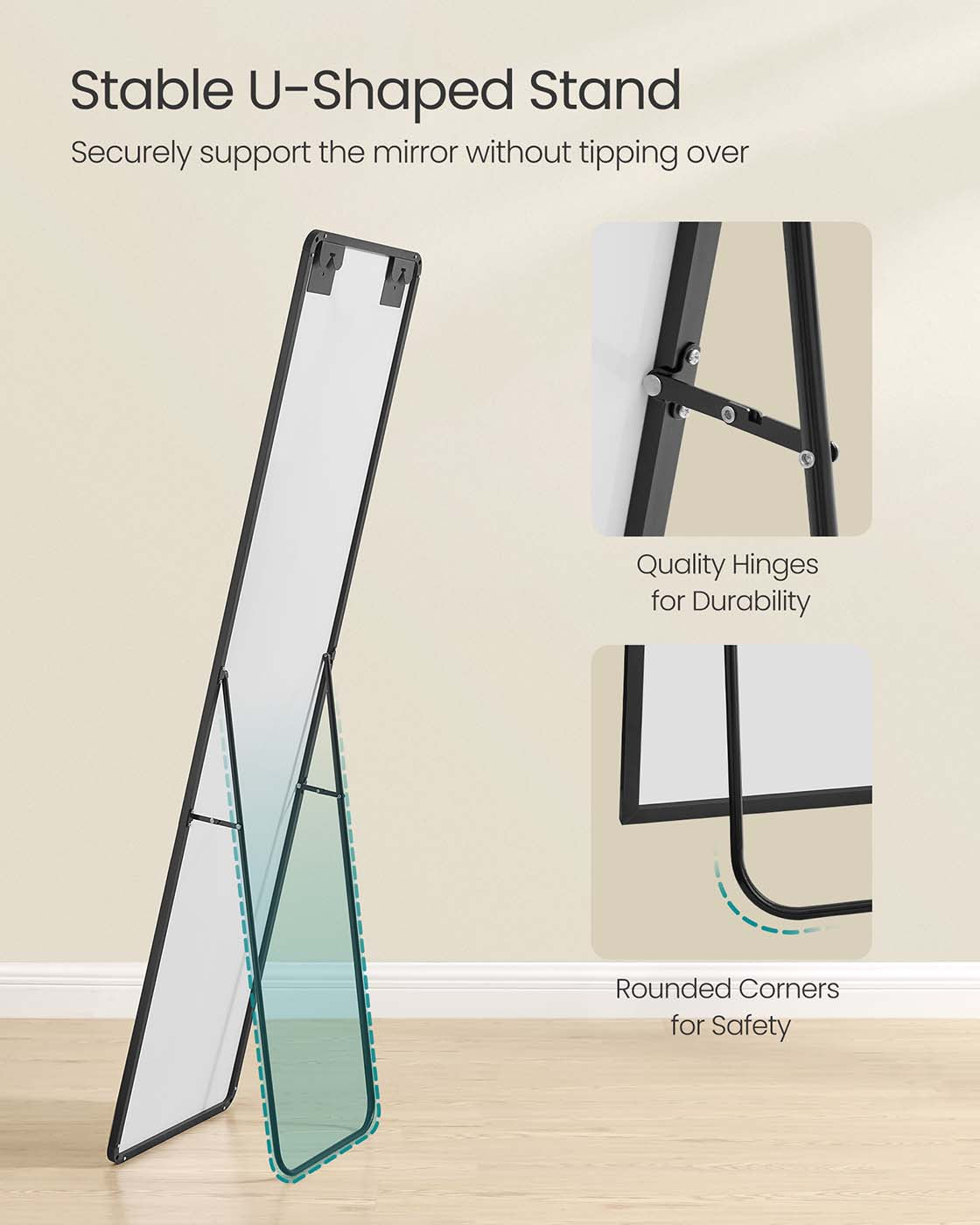 Full Length Mirror - Aluminium Alloy Frame - Ink Black - Freestanding Design