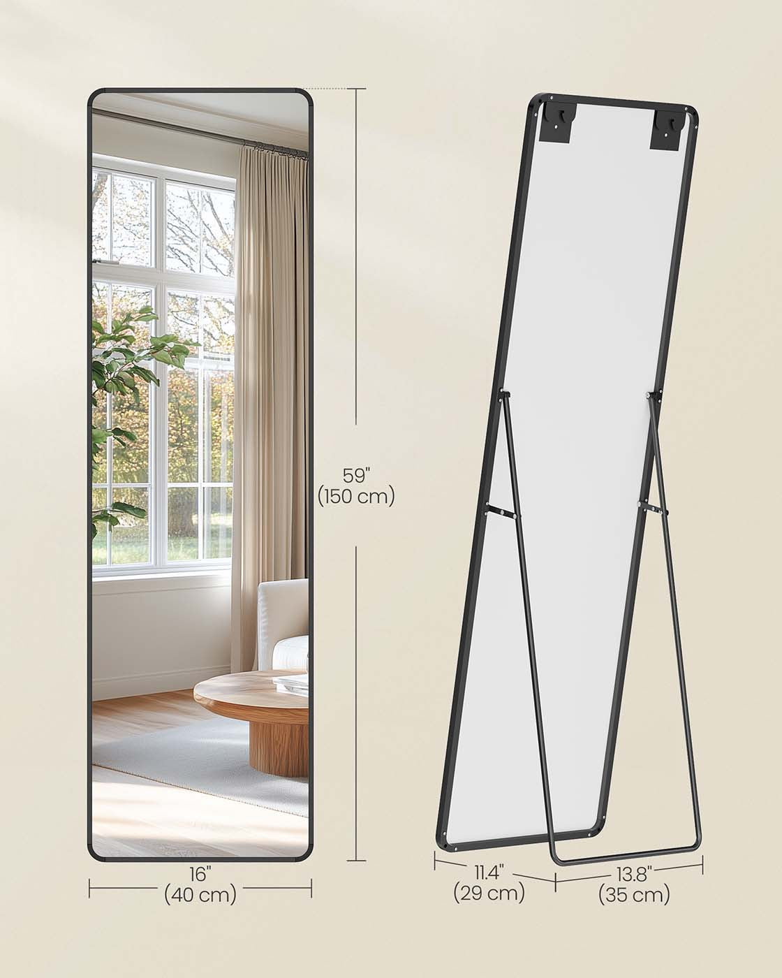 Full Length Mirror - Aluminium Alloy Frame - Ink Black - Freestanding Design