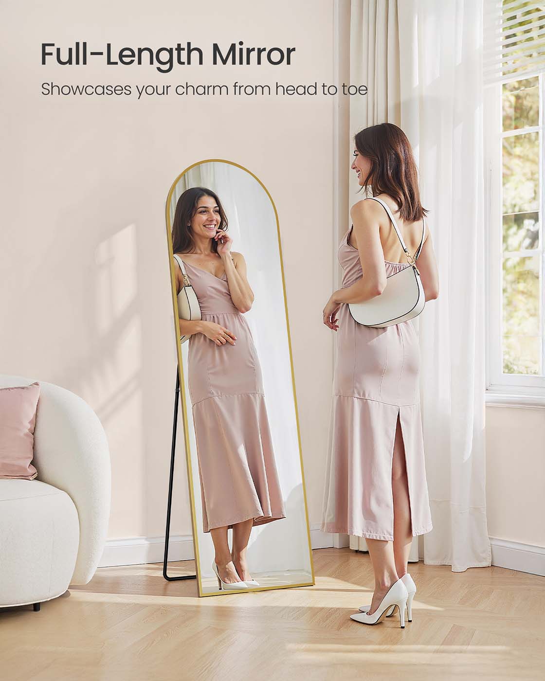 Full Length Mirror - Aluminum Alloy - Pale Gold - Arched with Stand