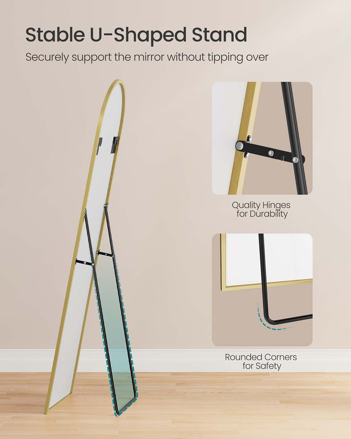 Full Length Mirror - Aluminum Alloy - Pale Gold - Arched with Stand