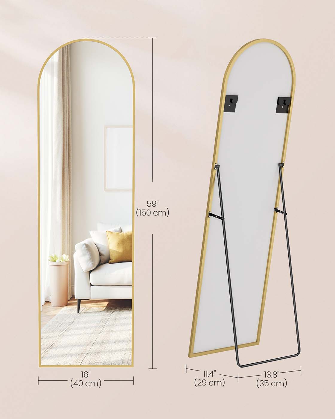Full Length Mirror - Aluminum Alloy - Pale Gold - Arched with Stand