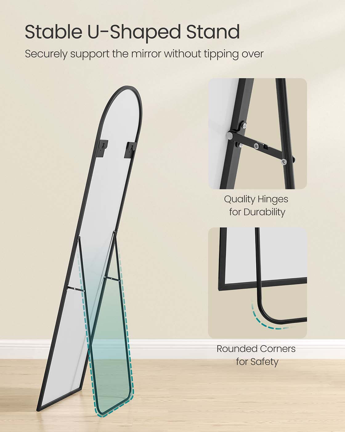 Full Length Mirror - Aluminium Alloy - Ink Black - Arched with Stand