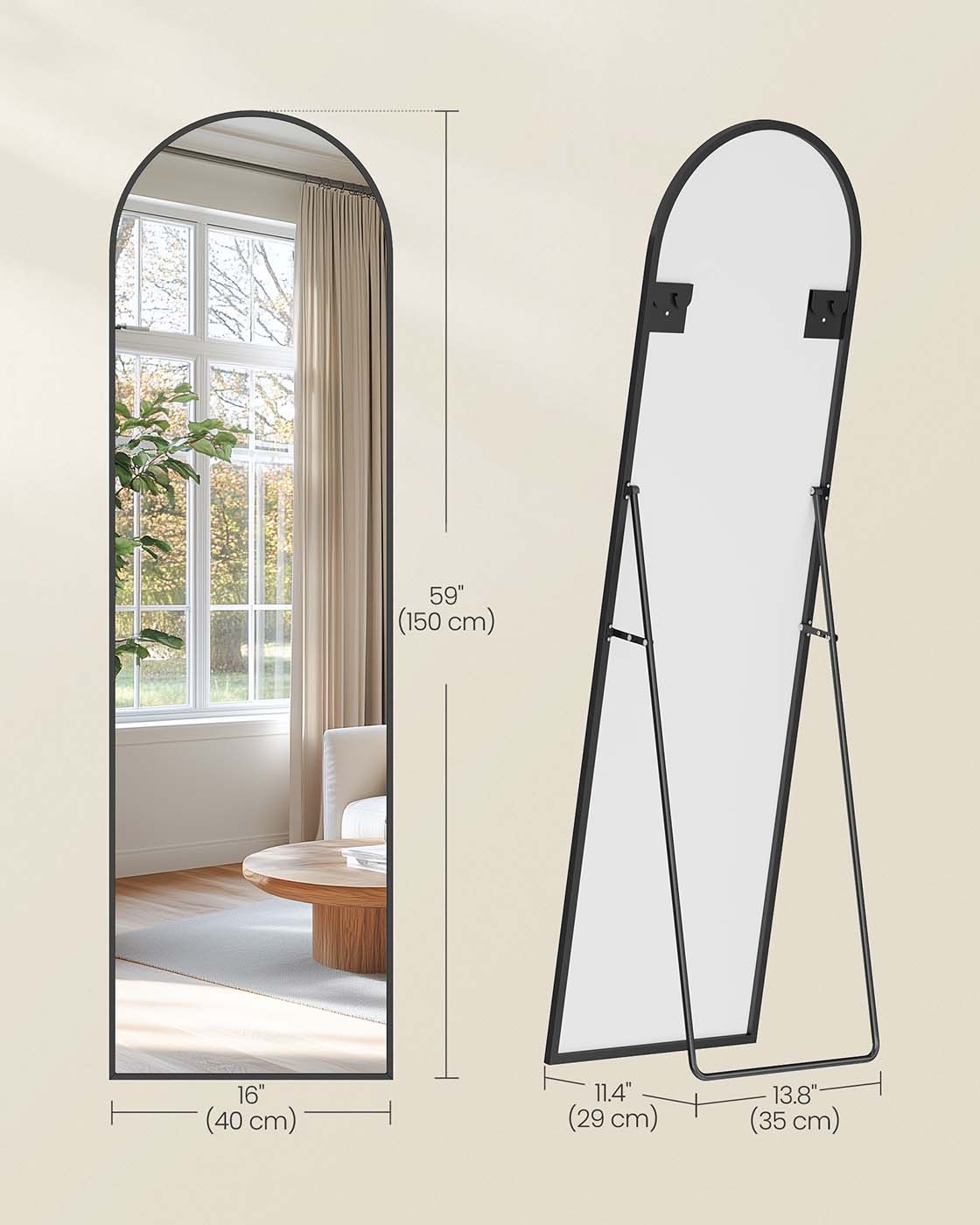 Full Length Mirror - Aluminium Alloy - Ink Black - Arched with Stand