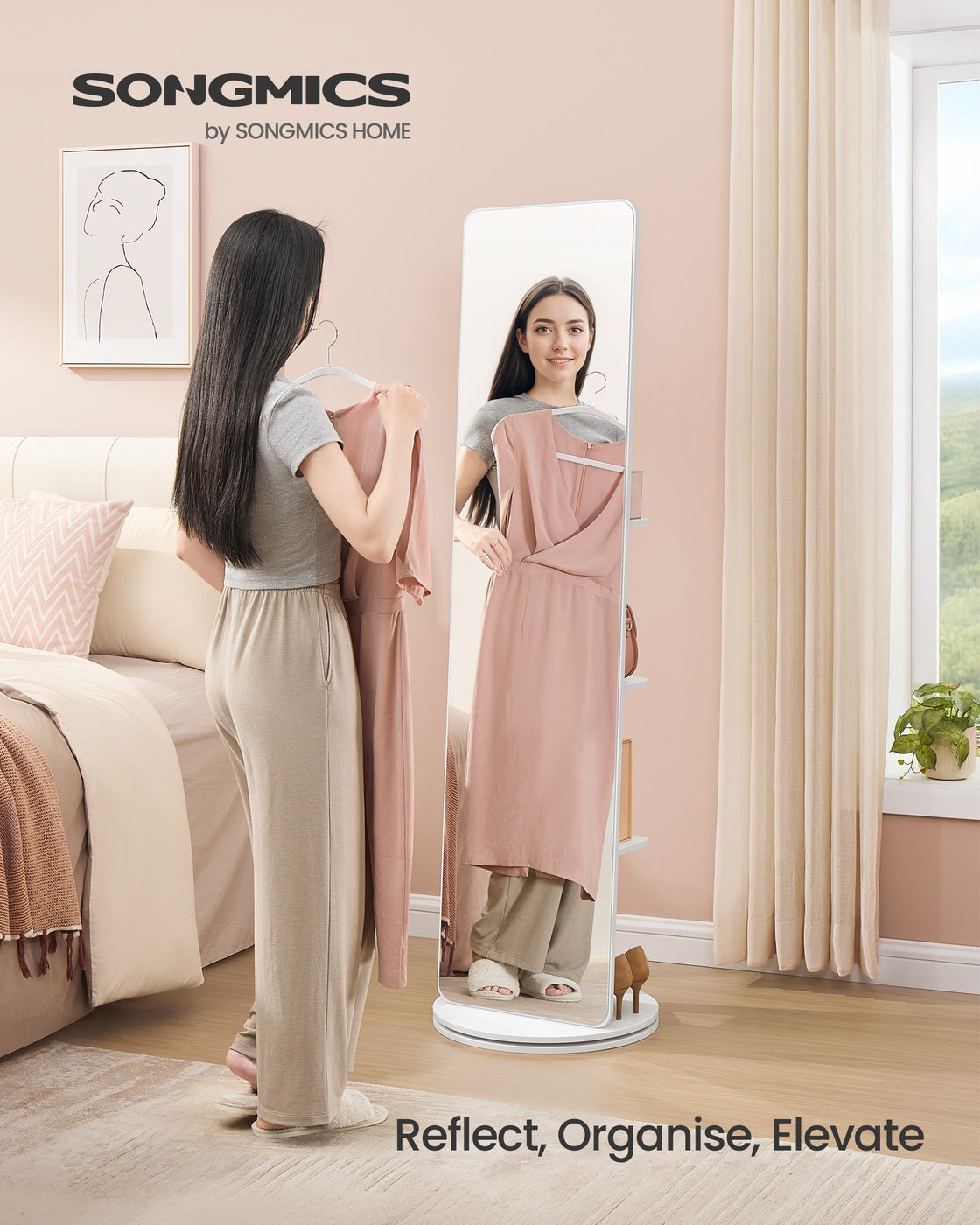 Full-Length Standing Mirror - Tempered Glass - Cloud White - 360° Rotatable with Base