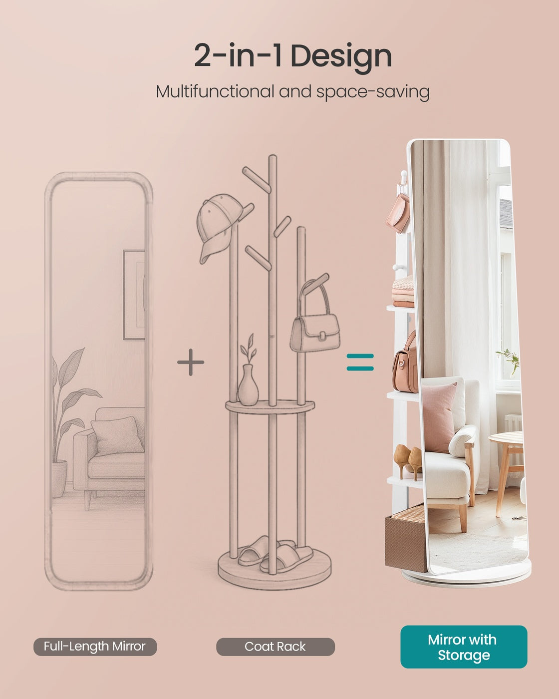 Full-Length Standing Mirror - Tempered Glass - Cloud White - 360° Rotatable with Base