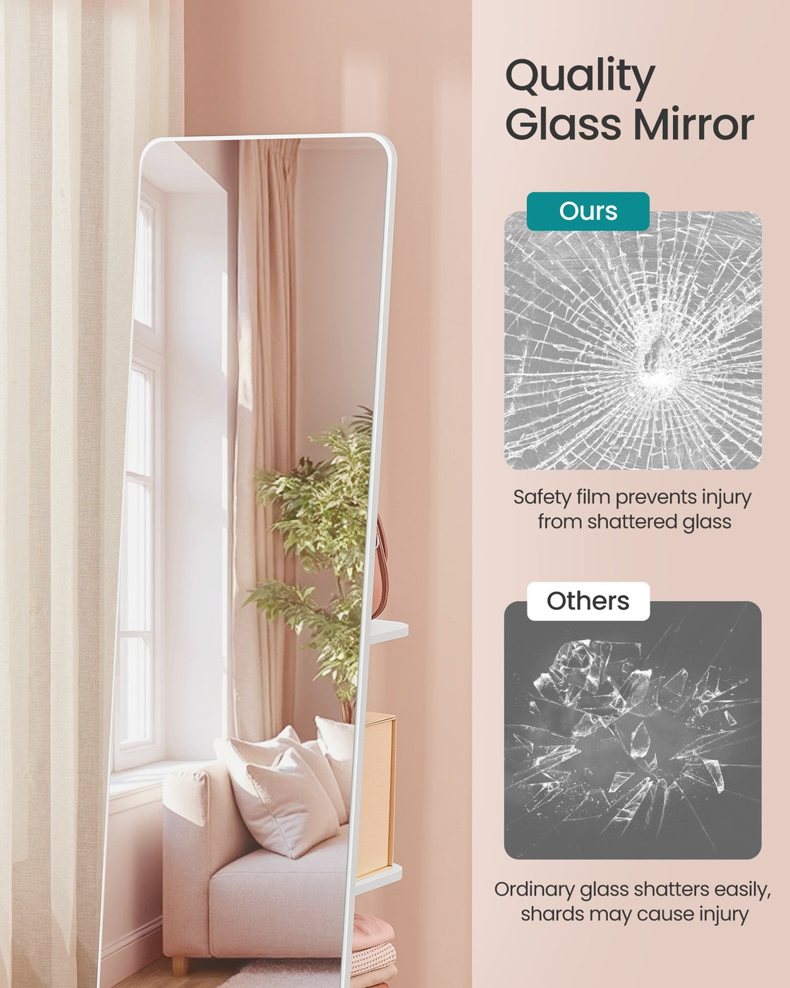 Full-Length Standing Mirror - Tempered Glass - Cloud White - 360° Rotatable with Base