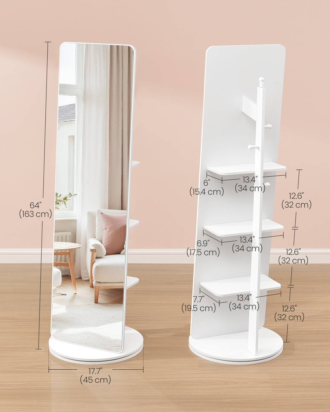 Full-Length Standing Mirror - Tempered Glass - Cloud White - 360° Rotatable with Base