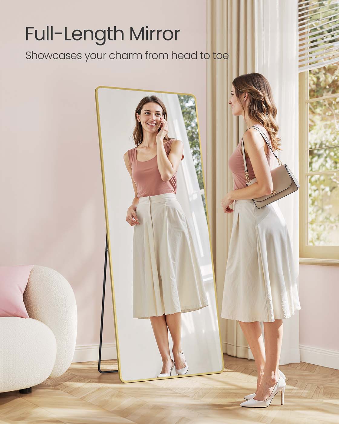 Full Length Mirror - Aluminium Alloy - Pale Gold - Rectangle with Stand 165 x 60 cm