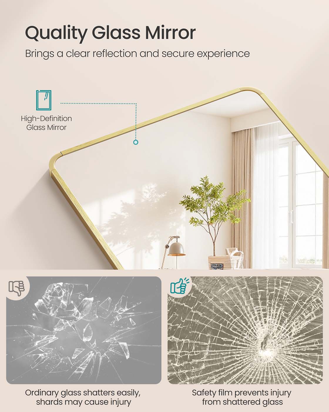 Full Length Mirror - Aluminium Alloy - Pale Gold - Rectangle with Stand 165 x 60 cm