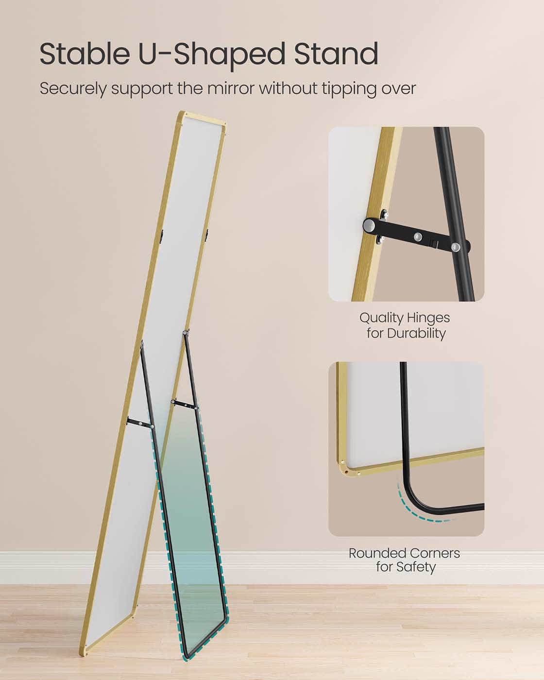 Full Length Mirror - Aluminium Alloy - Pale Gold - Rectangle with Stand 165 x 60 cm