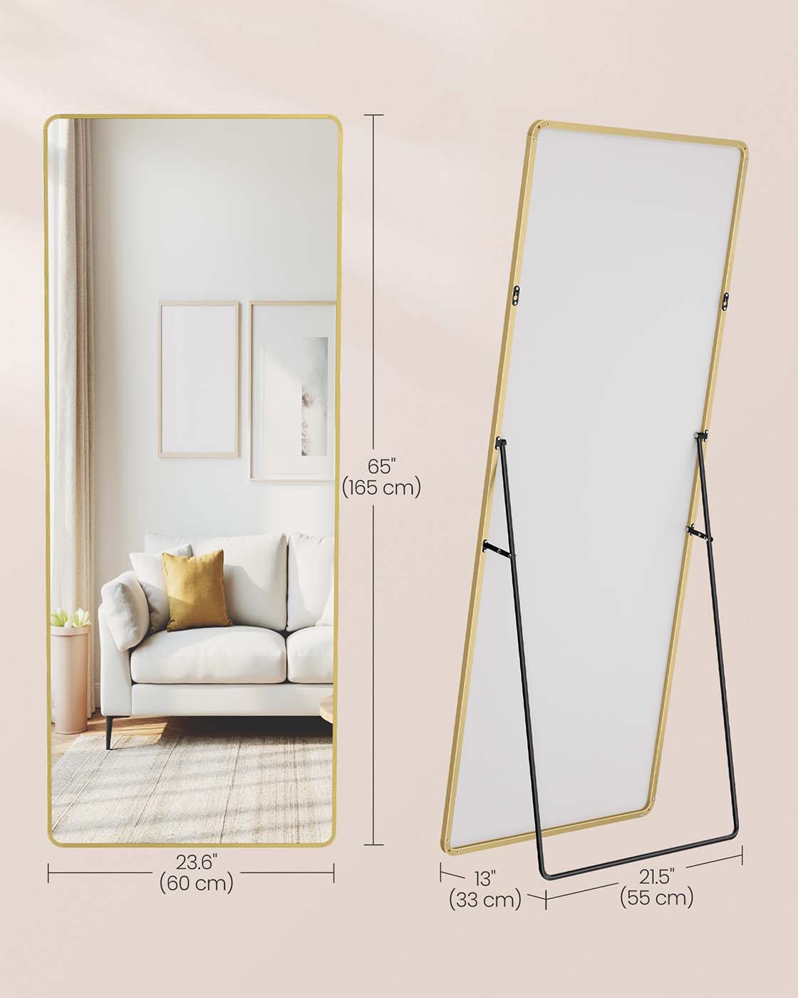 Full Length Mirror - Aluminium Alloy - Pale Gold - Rectangle with Stand 165 x 60 cm