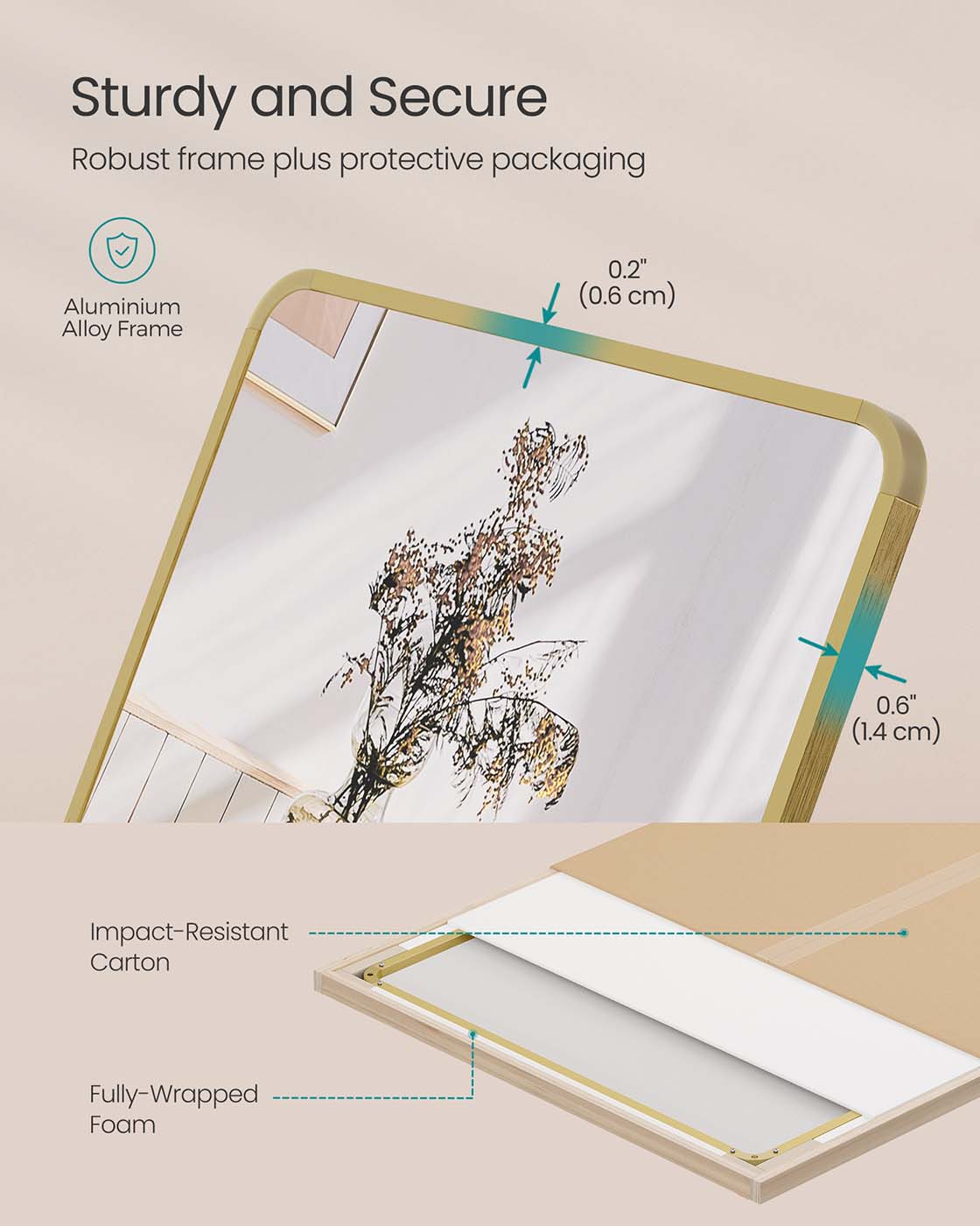 Full Length Mirror - Aluminium Alloy - Pale Gold - Rectangle with Stand 165 x 60 cm
