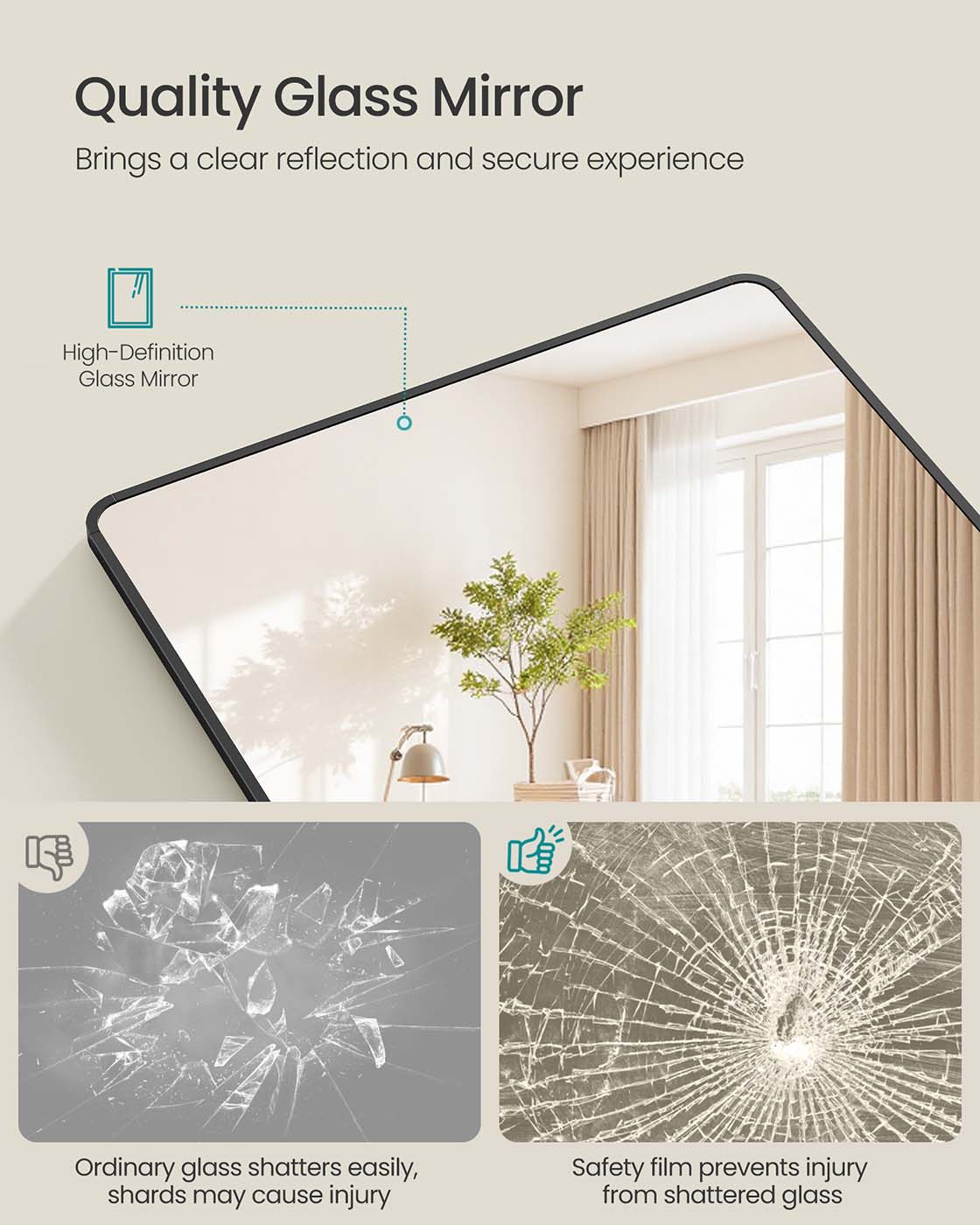 Full Length Mirror - Aluminium Alloy Frame - Ink Black - Free Standing Rectangular Design 165 x 60 cm
