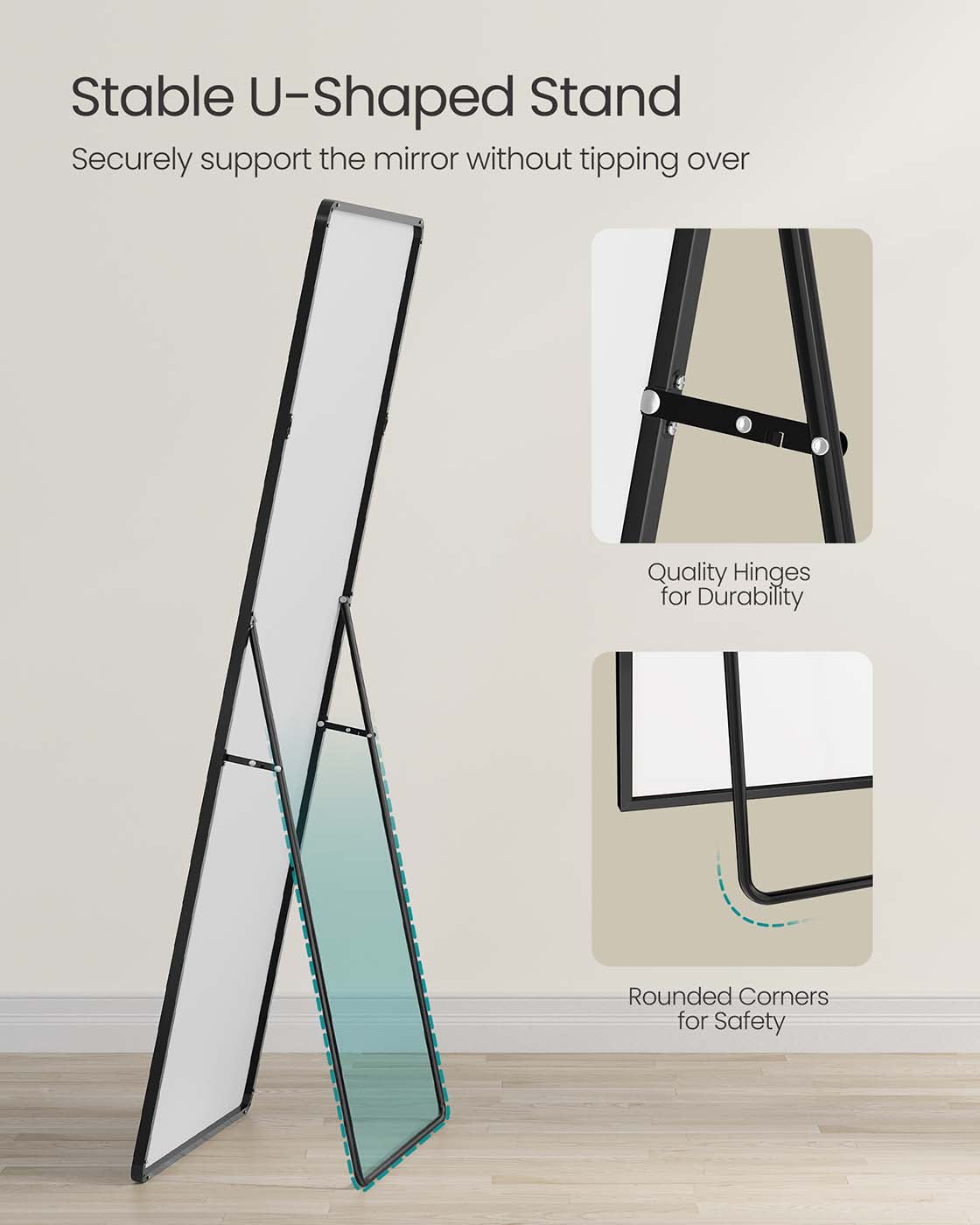Full Length Mirror - Aluminium Alloy Frame - Ink Black - Free Standing Rectangular Design 165 x 60 cm