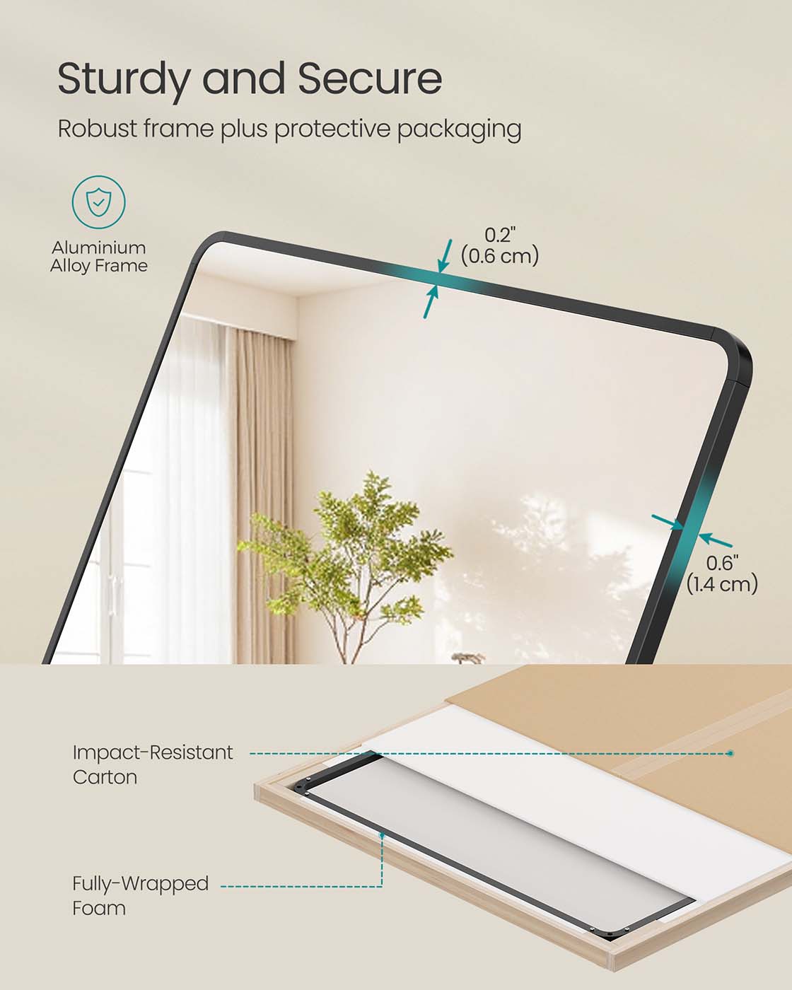 Full Length Mirror - Aluminium Alloy Frame - Ink Black - Free Standing Rectangular Design 165 x 60 cm