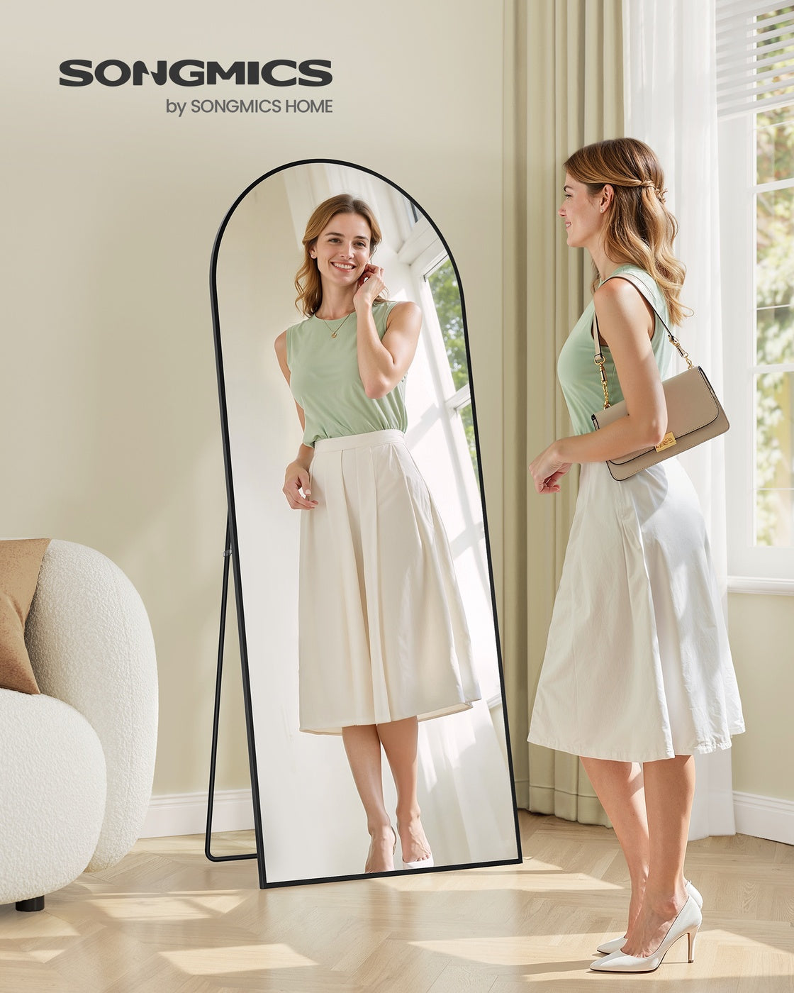 Arched Full Body Mirror - Aluminium Alloy - Ink Black - Tempered Glass with Stand