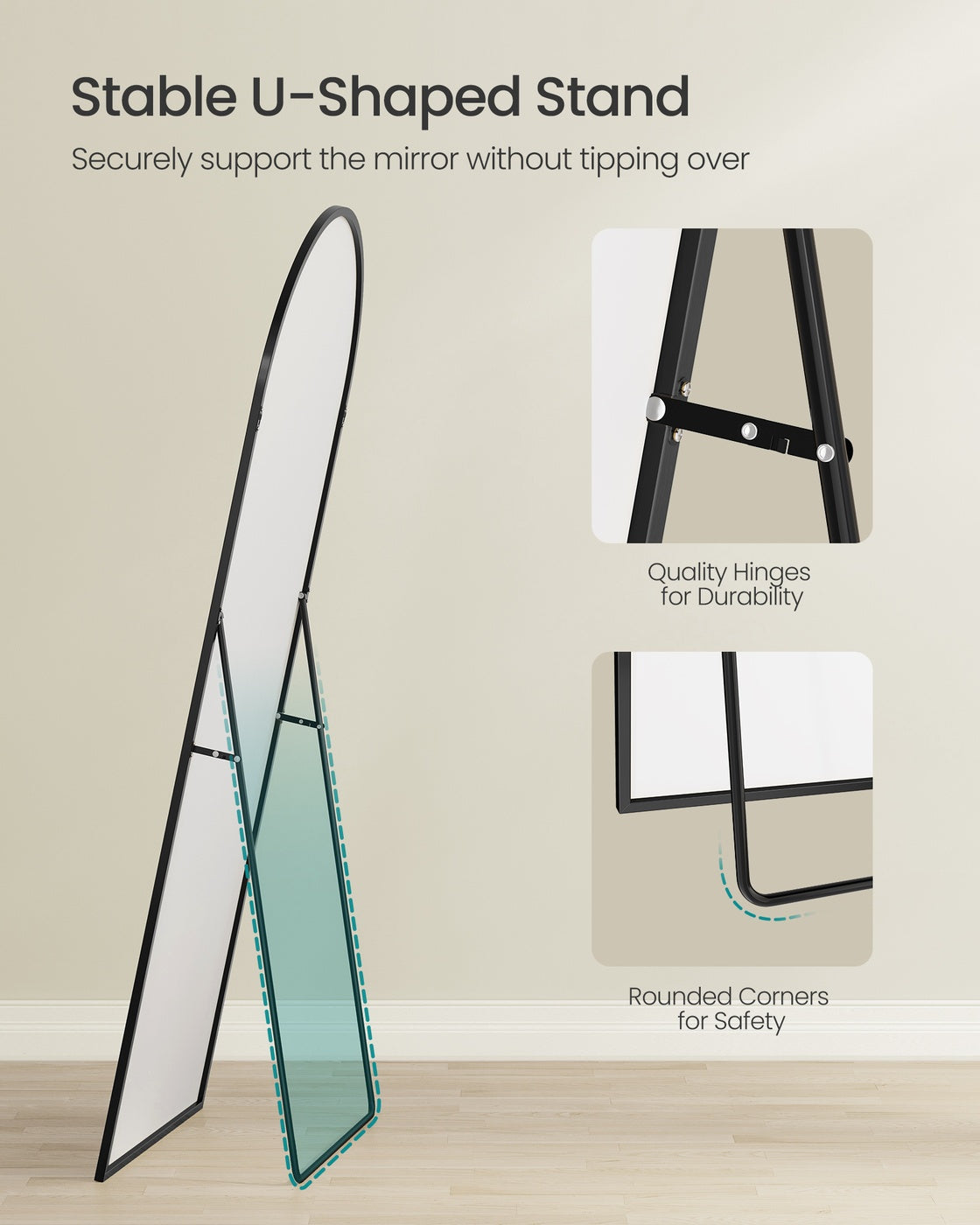Arched Full Body Mirror - Aluminium Alloy - Ink Black - Tempered Glass with Stand
