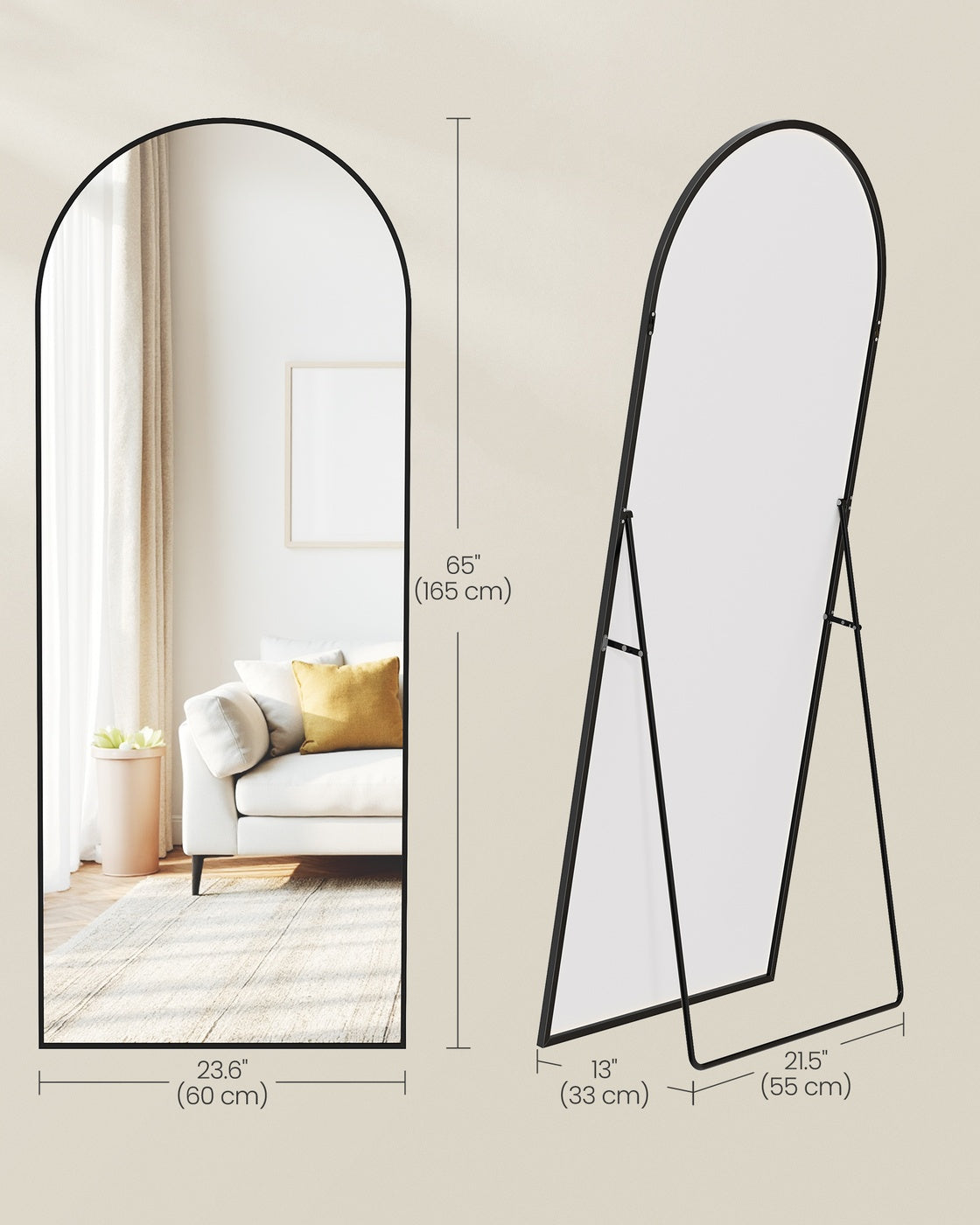 Arched Full Body Mirror - Aluminium Alloy - Ink Black - Tempered Glass with Stand