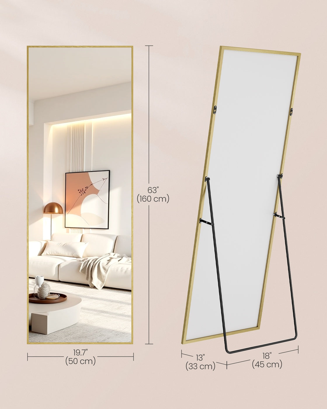 Full Body Mirror - 63L x 19.7W - Tempered Glass - Aluminium Alloy Frame