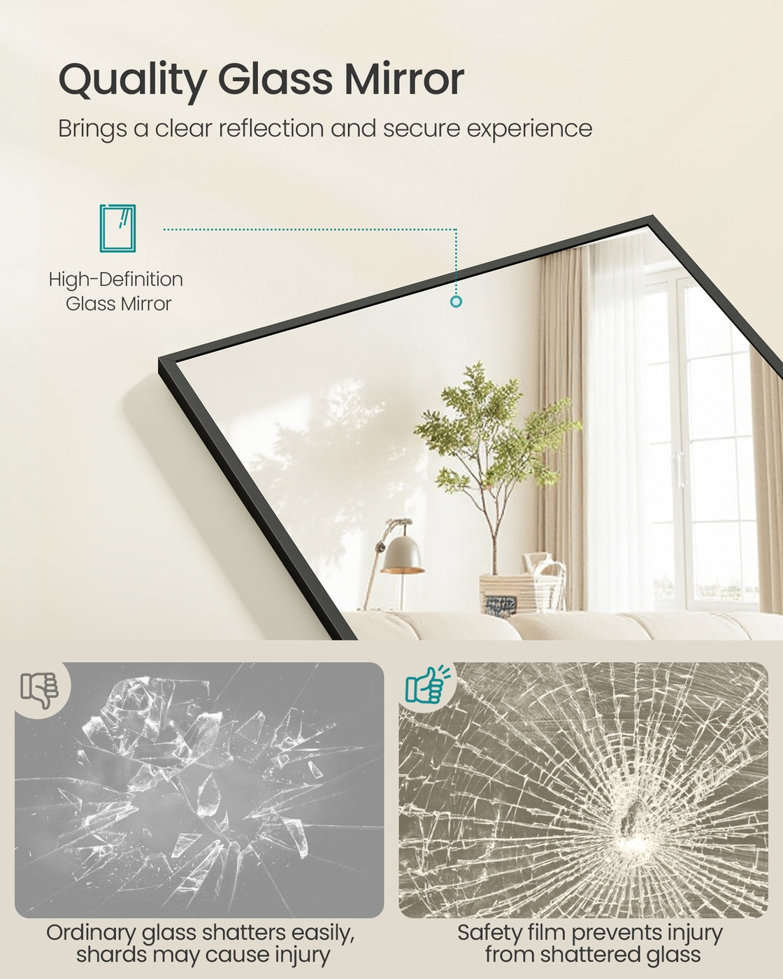 Full Length Mirror - 63" x 19.7" - Tempered Glass - Aluminium Alloy Frame