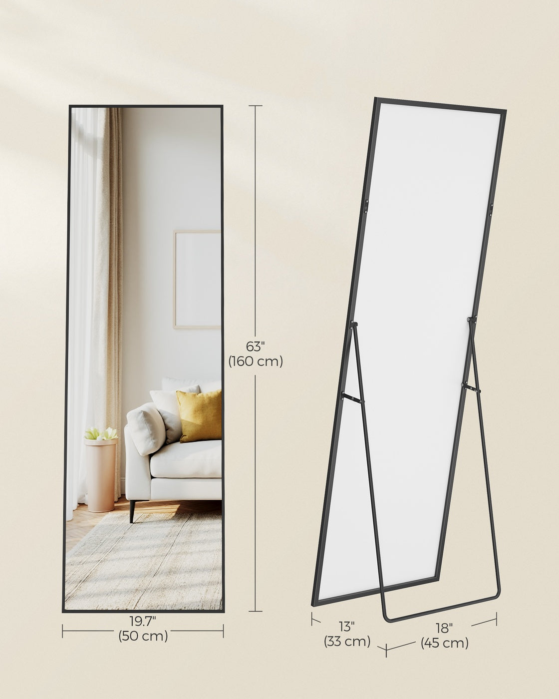 Full Length Mirror - 63" x 19.7" - Tempered Glass - Aluminium Alloy Frame