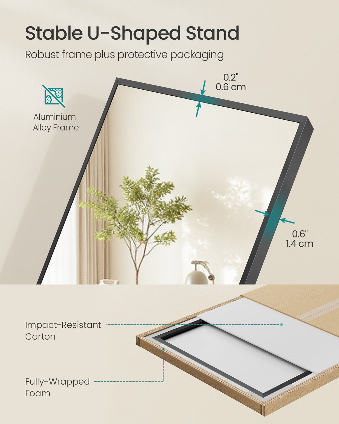 Full Length Mirror - 63" x 19.7" - Tempered Glass - Aluminium Alloy Frame