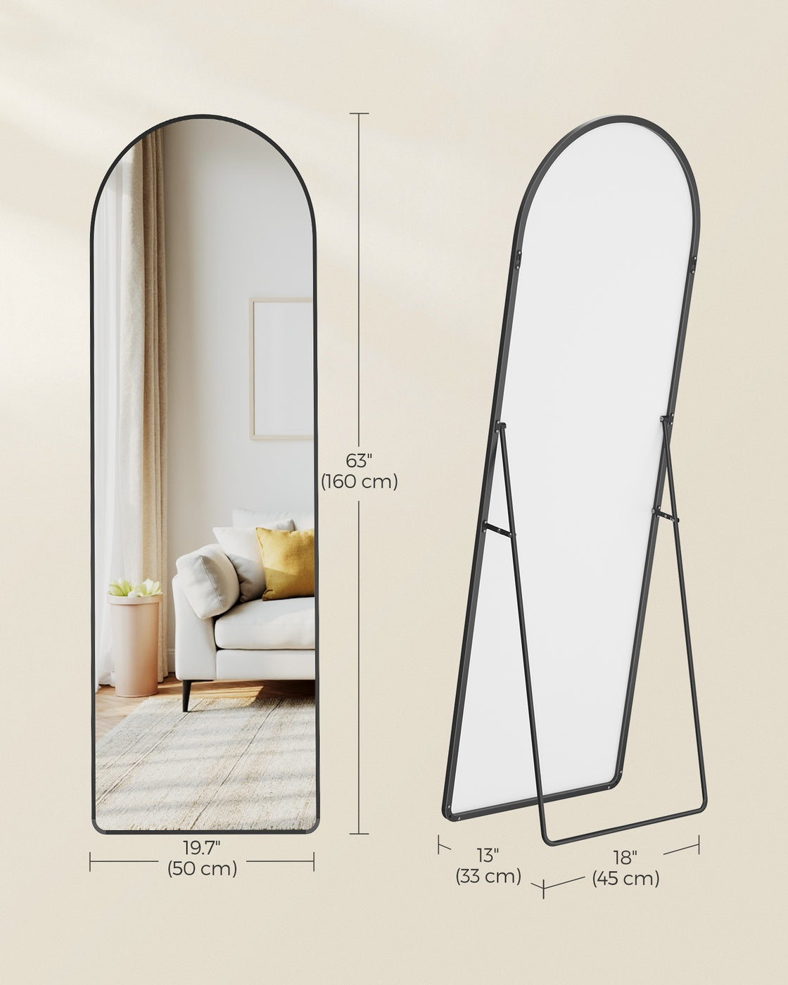 Full Length Mirror - 63L x 19.7W - Tempered Glass - Aluminium Alloy Frame