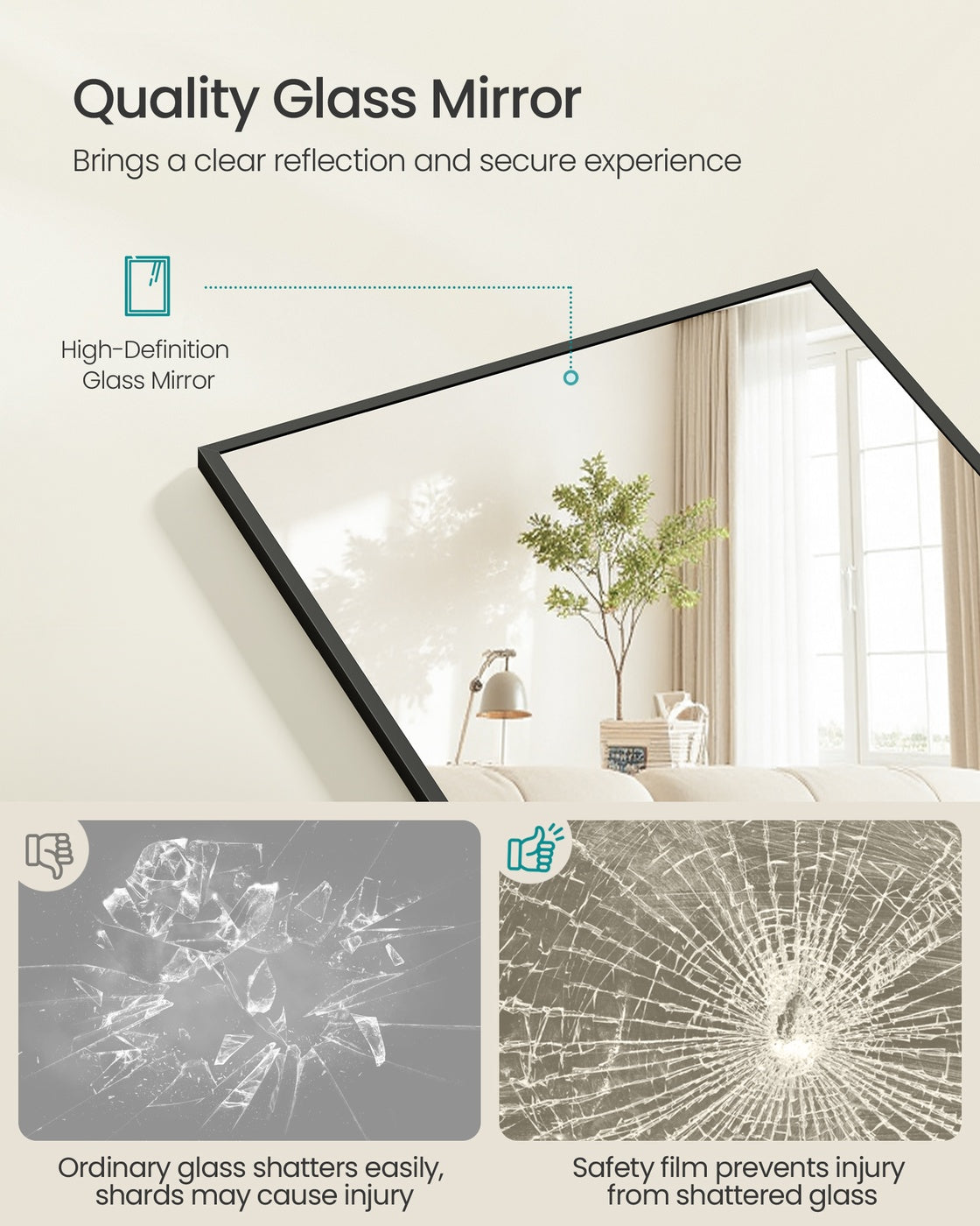 Full Length Mirror - 59" x 16" - Tempered Glass - Aluminium Alloy Frame