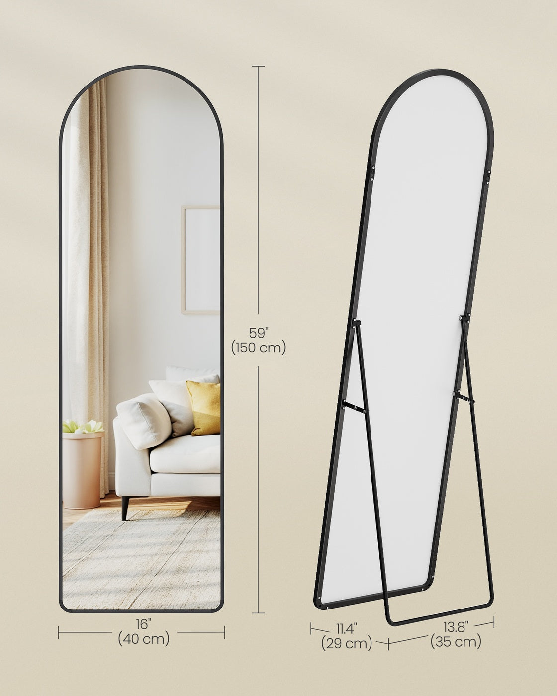 Full Length Mirror - 59" x 16" - Tempered Glass - Aluminium Alloy Frame