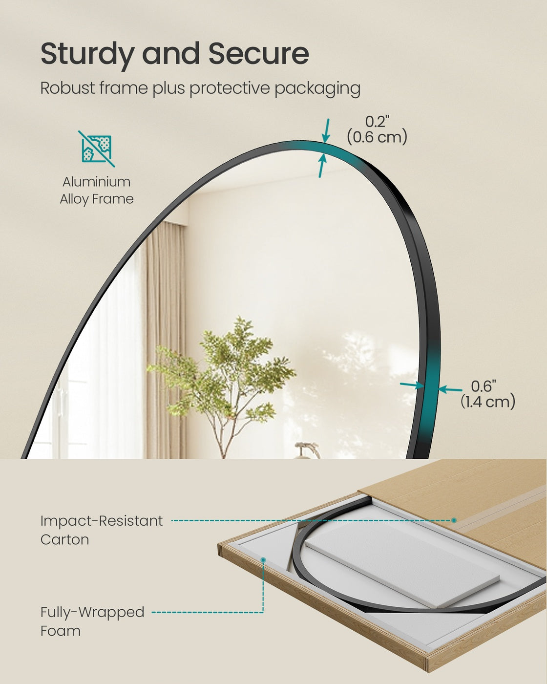 Full Length Mirror - 59" x 16" - Tempered Glass - Aluminium Alloy Frame