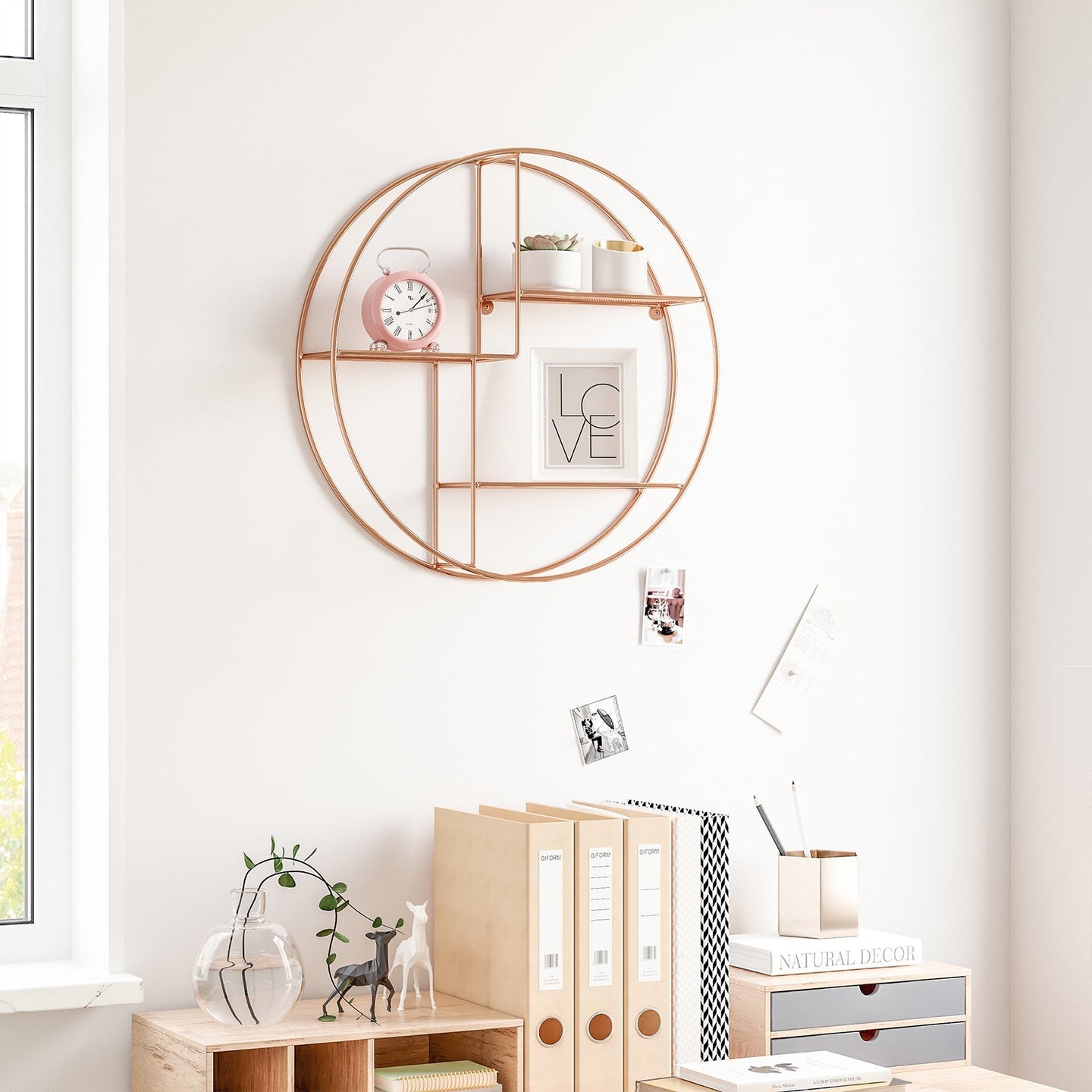 Round Wall-Mounted Shelf - Metal - Rose Gold - Floating Design with 3 Mesh Panels