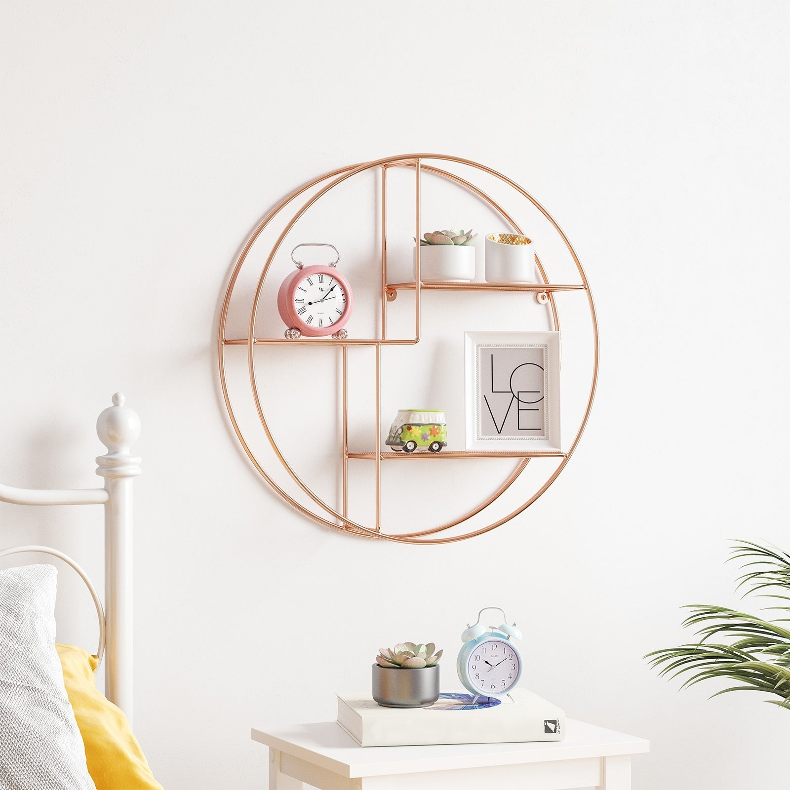 Round Wall-Mounted Shelf - Metal - Rose Gold - Floating Design with 3 Mesh Panels