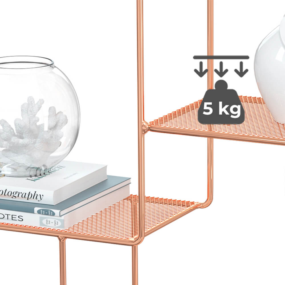 Round Wall-Mounted Shelf - Metal - Rose Gold - Floating Design with 3 Mesh Panels