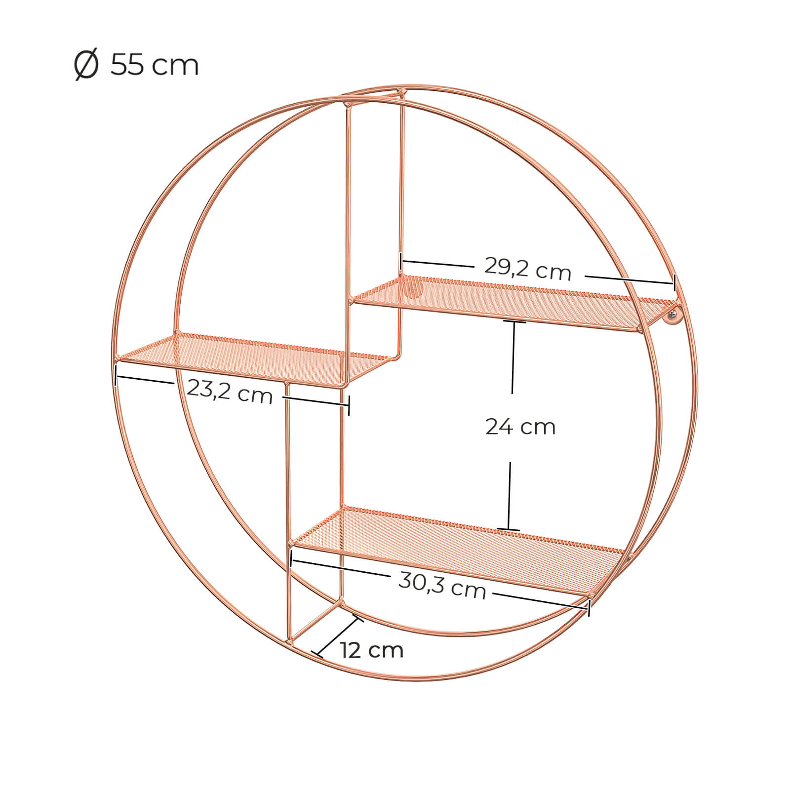 Round Wall-Mounted Shelf - Metal - Rose Gold - Floating Design with 3 Mesh Panels