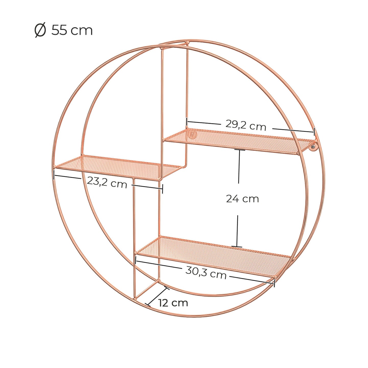 Round Wall-Mounted Shelf - Metal - Rose Gold - Floating Design with 3 Mesh Panels