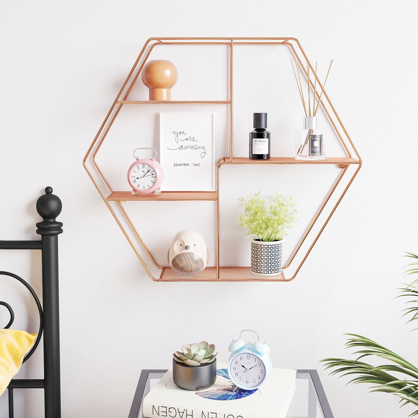 Metal Wall-Mounted Shelves - Decorative Floating Shelf with 4 Mesh Shelves - Rose Gold - Hexagonal Design