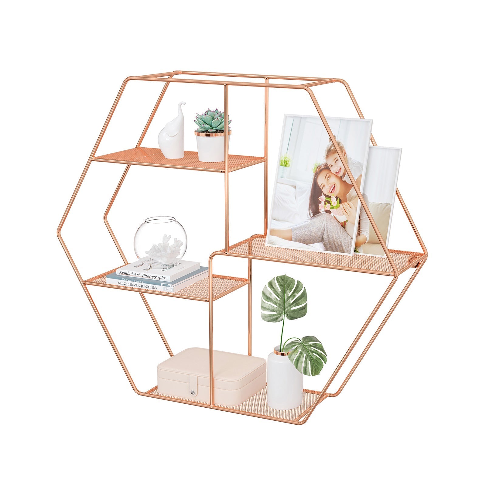 Metal Wall-Mounted Shelves - Decorative Floating Shelf with 4 Mesh Shelves - Rose Gold - Hexagonal Design