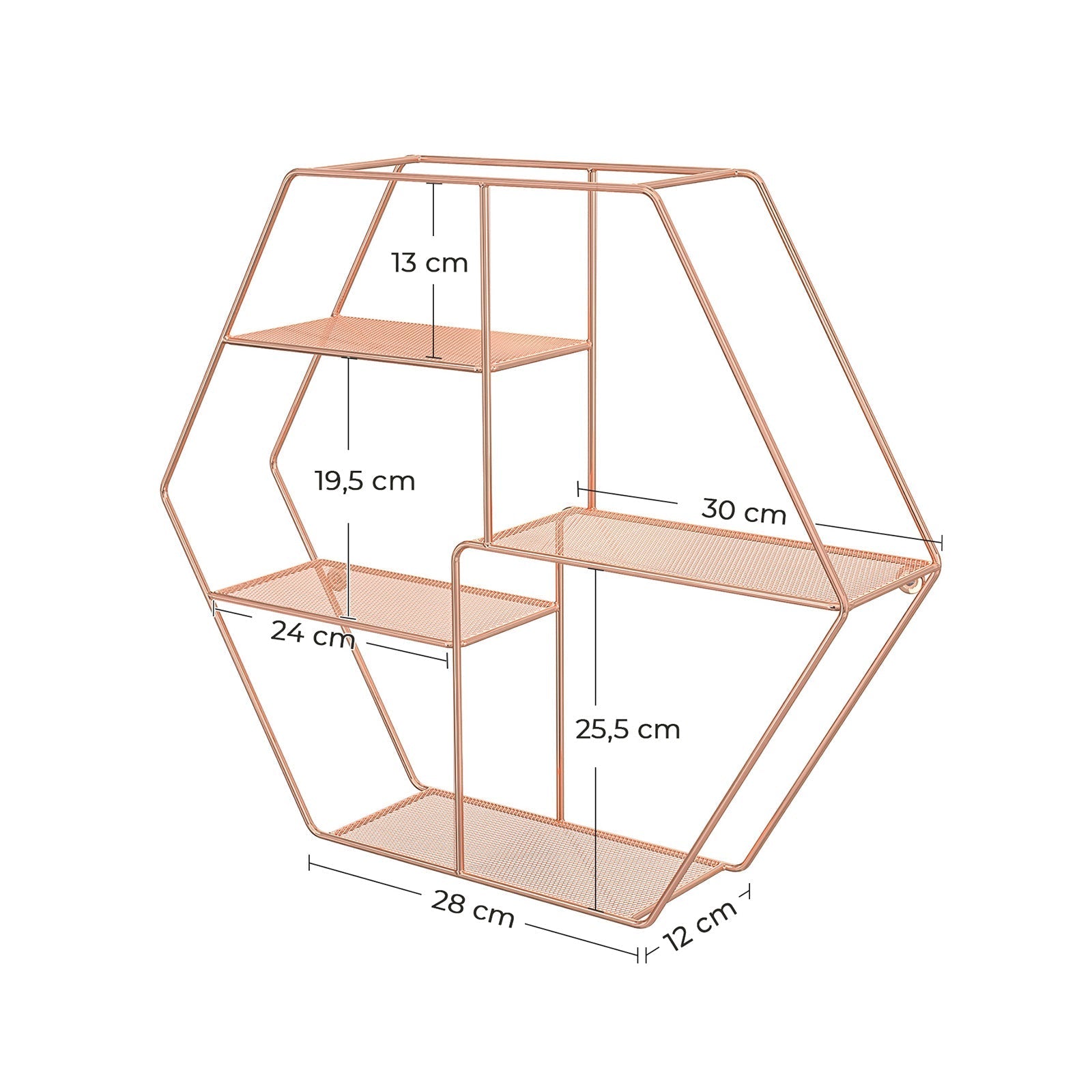 Metal Wall-Mounted Shelves - Decorative Floating Shelf with 4 Mesh Shelves - Rose Gold - Hexagonal Design