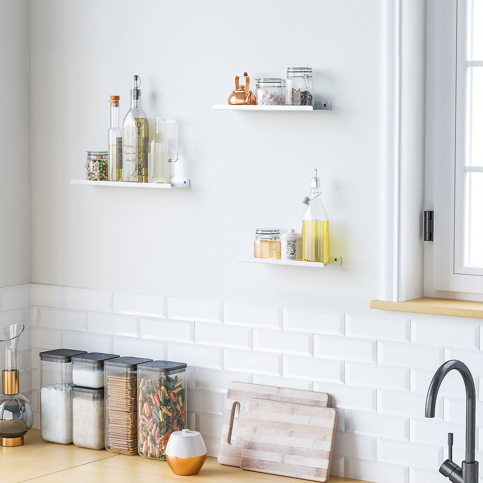 Set of 3 Floating Ledge Shelves - Metal - White