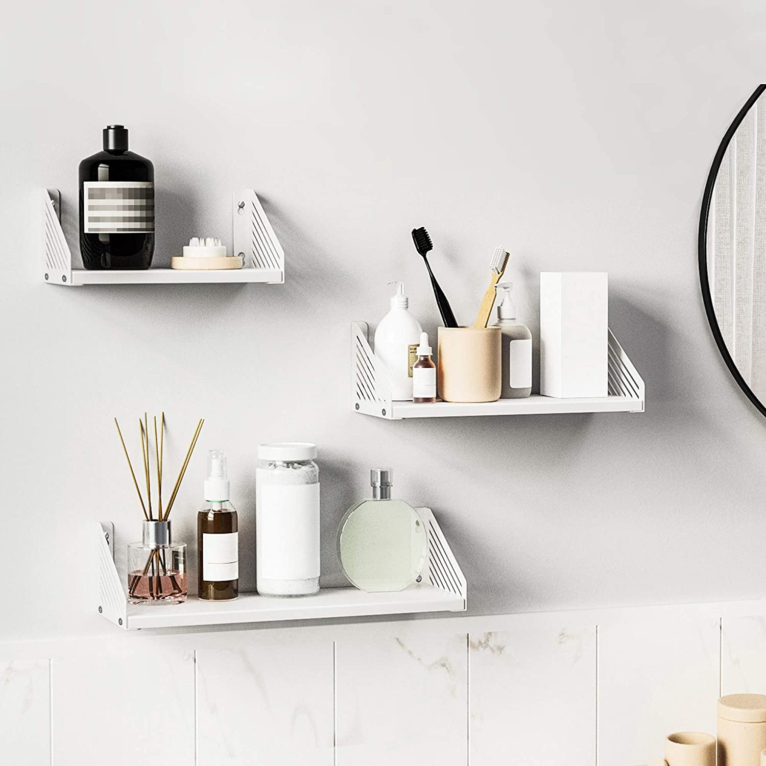 Metal Wall Shelves - Set of 3 - White - Versatile Floating Design for Trinkets and Decor