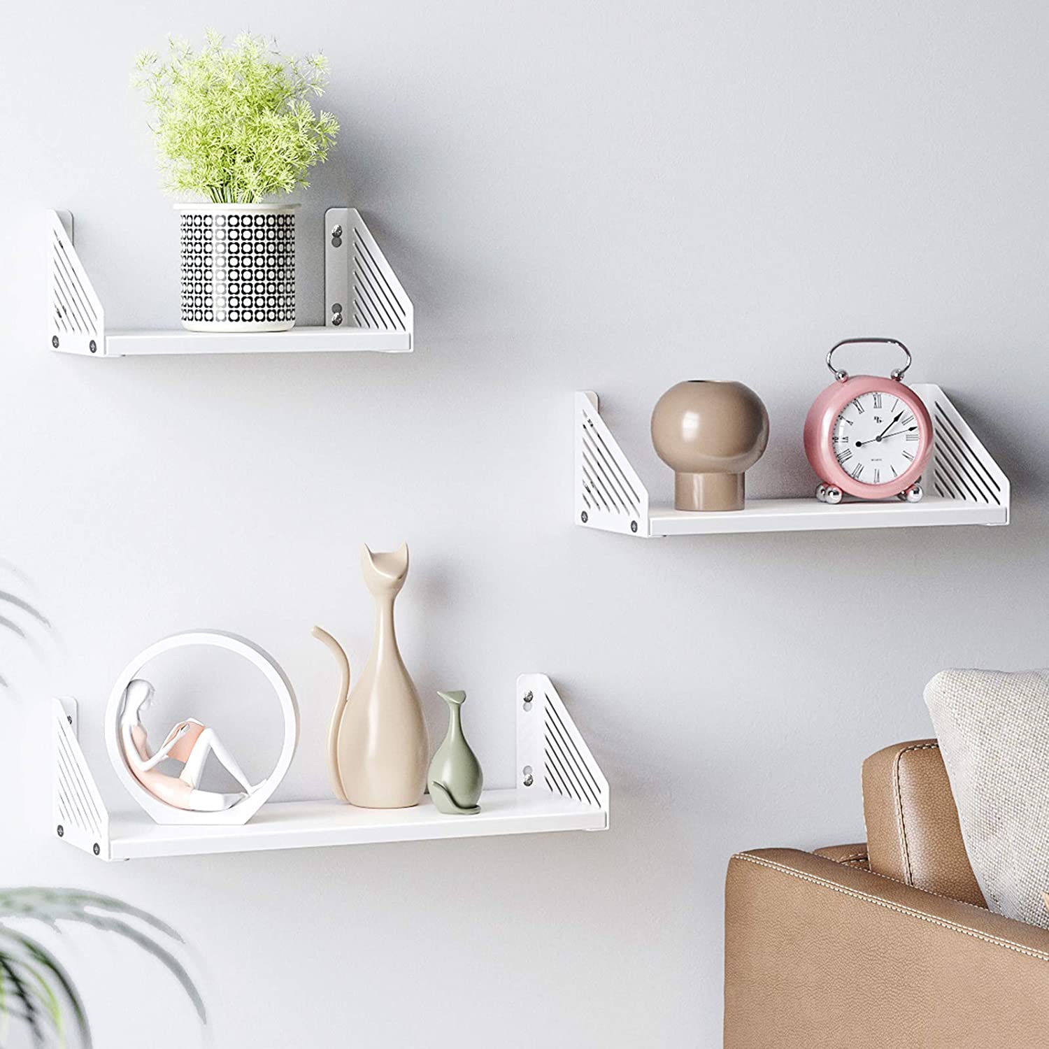 Metal Wall Shelves - Set of 3 - White - Versatile Floating Design for Trinkets and Decor